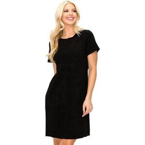 Joh Audrey Suede Round Neck Short Sleeve Knee Length Dress in Black, size M